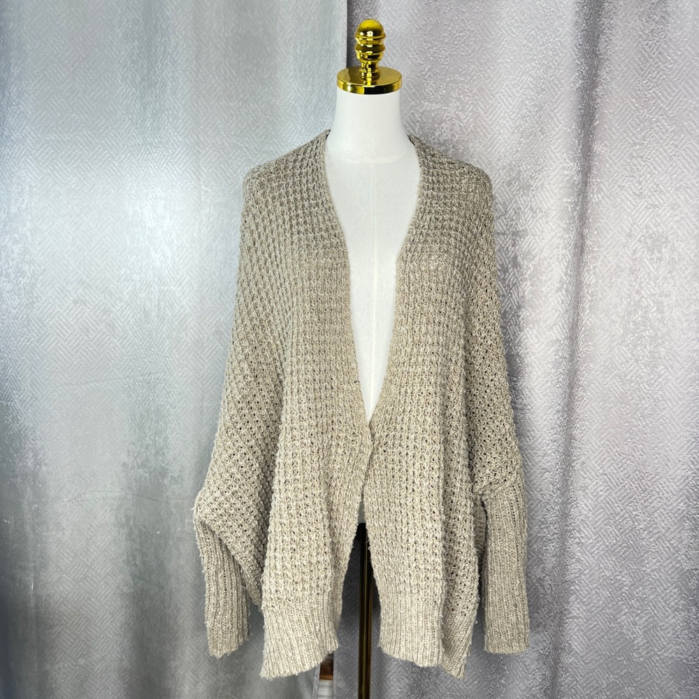 Free People Chunky Knit Oversized Cardigan Taupe Wool Angora Batwing Sweater L - Picture 3 of 10
